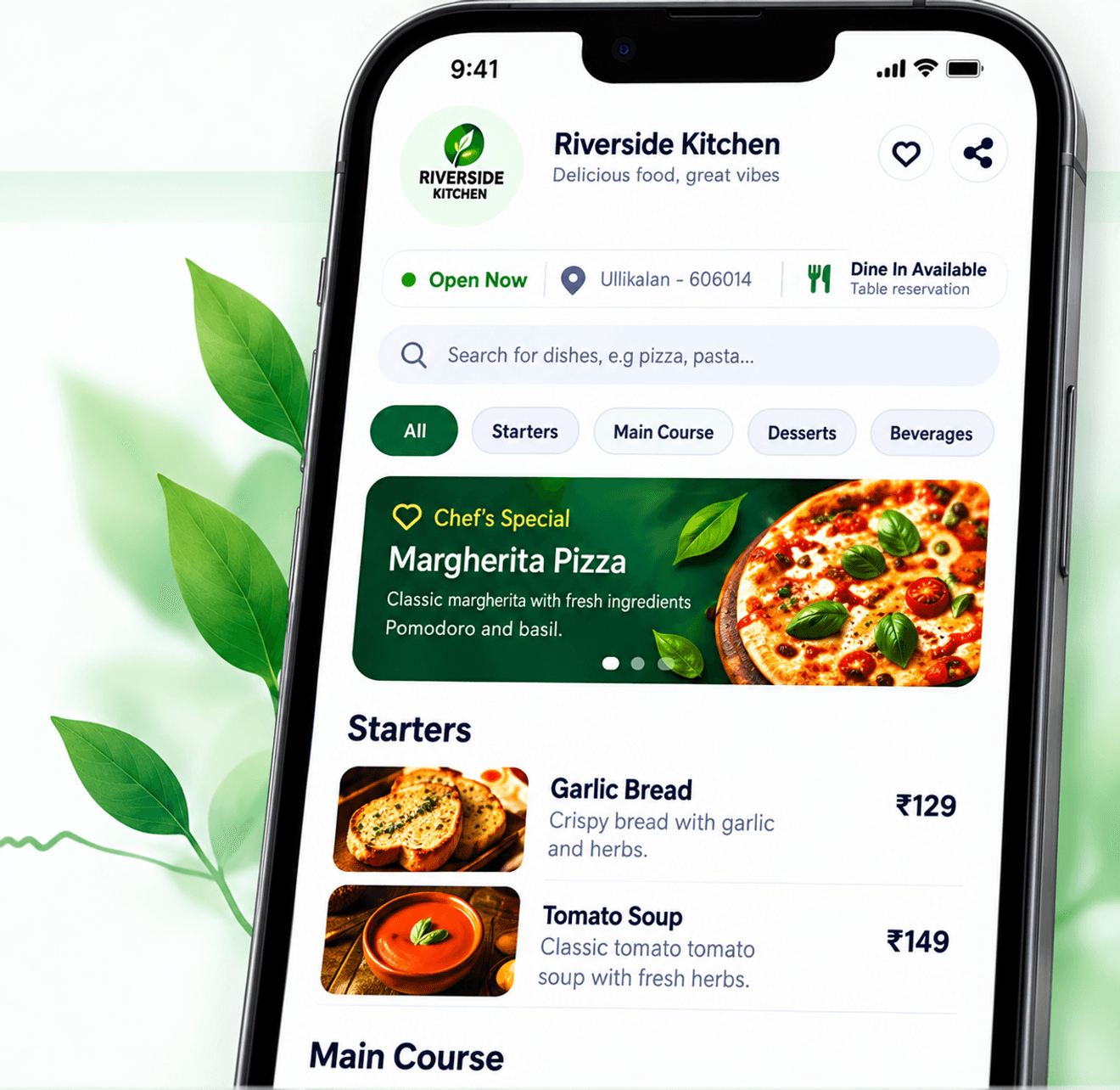 Riverside Kitchen menu on a phone surrounded by fresh green leaves