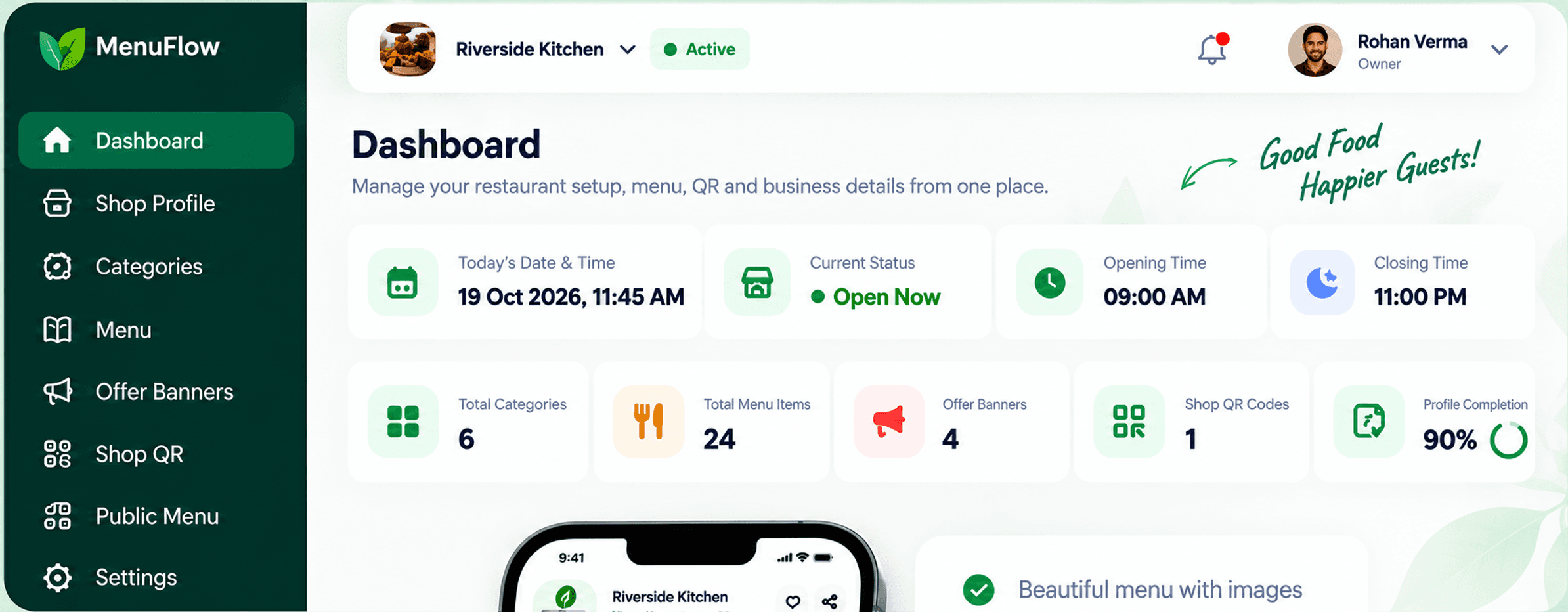 menuVyo restaurant owner dashboard with restaurant status, opening hours, categories, menu items, offers and QR codes