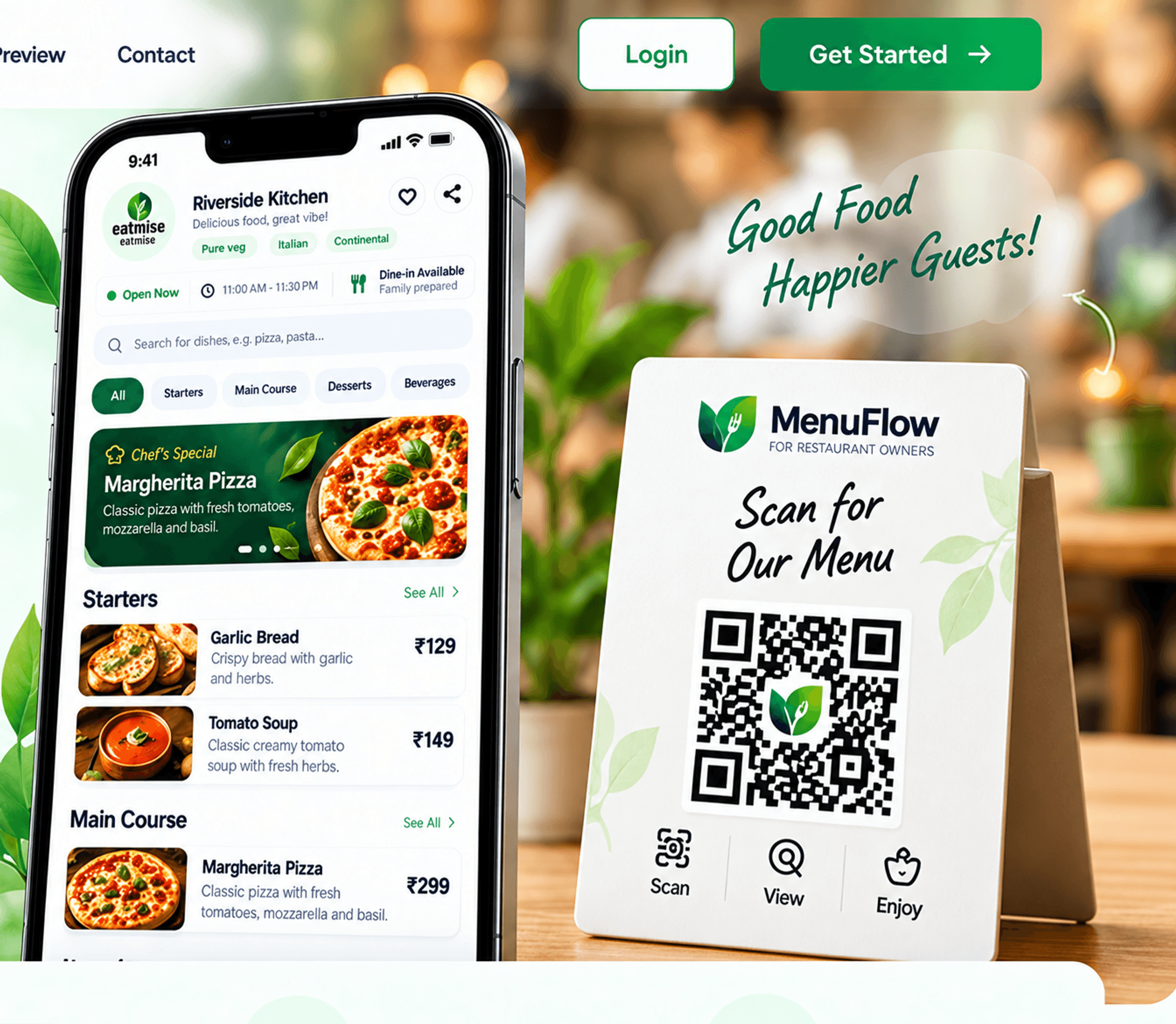 menuVyo digital restaurant menu on a smartphone beside a branded Scan for Our Menu QR stand